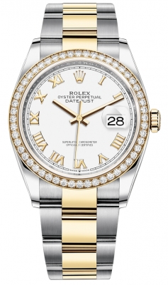 Buy this new Rolex Datejust 36mm Stainless Steel and Yellow Gold 126283RBR White Roman Oyster ladies watch for the discount price of £18,100.00. UK Retailer.